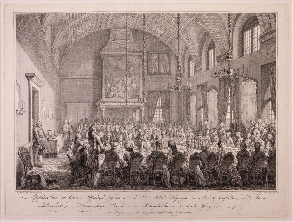 Inkomst en verblijf van Willem V en Wilhelmina te Amsterdam met de vreugdebedrijven en plechtigheden aldaar. "Groote Maaltijd op het Stadhuis."