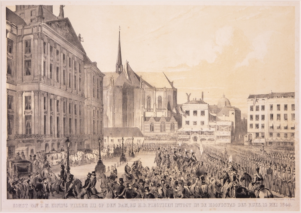 "KOMST VAN Z.M. KONING WILLEM III OP DEN DAM, BIJ H.D. PLEGTIGEN INTOGT IN DE HOOFDSTAD DES RIJKS, 12 MEI 1849."