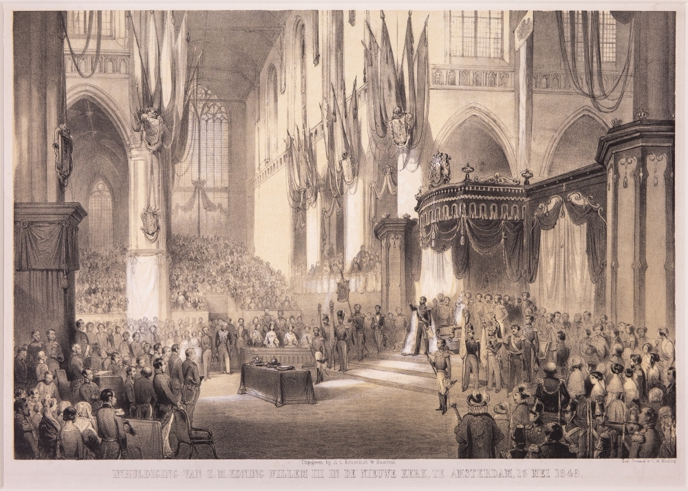 "INHULDIGING VAN Z.M. KONING WILLEM III IN DE NIEUWE KERK, TE AMSTERDAM, 13 (sic) MEI 1849."