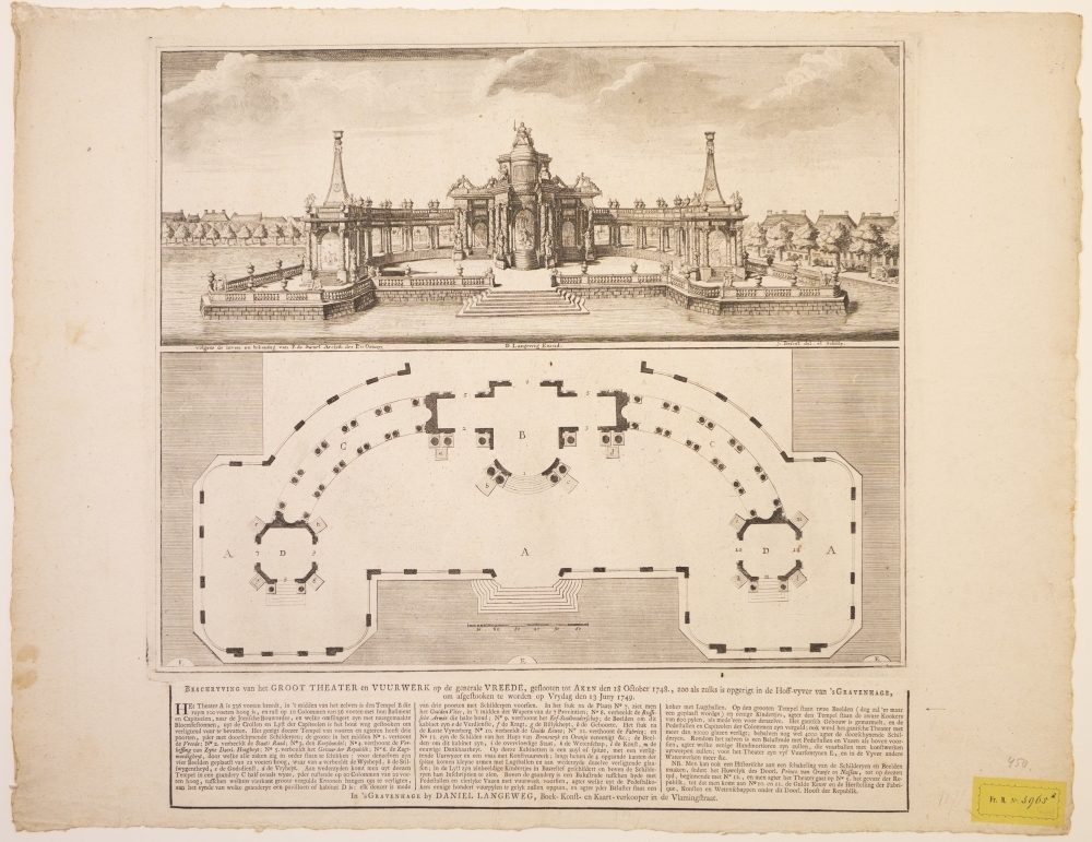 Afbeelding van het GROOT THEATER en VUURWERK vanwege de gesloten VREDE in Aken, opgesteld in de hofvijver te 's Gravenhage.
