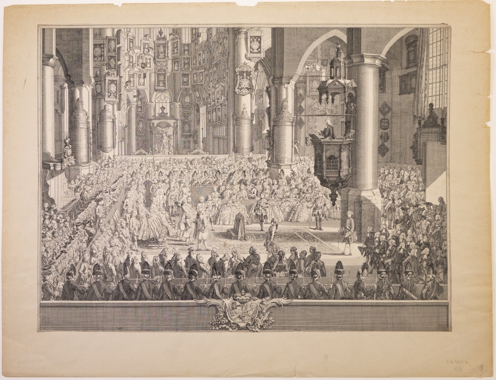 Afbeelding van de Trouw-Statie van Carel Christiaan van Nassau Weilburg en Carolina van Oranje Nassau in de grote Kerk in Den Haag.