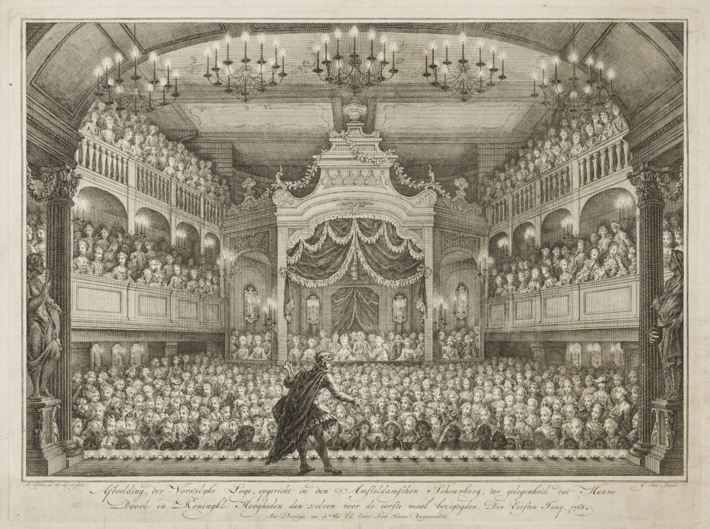 Inkomst en verblijf van Willem V en Wilhelmina te Amsterdam met de vreugdebedrijven en plechtigheden aldaar. "Vorstelijke loge in de Schouwburg."