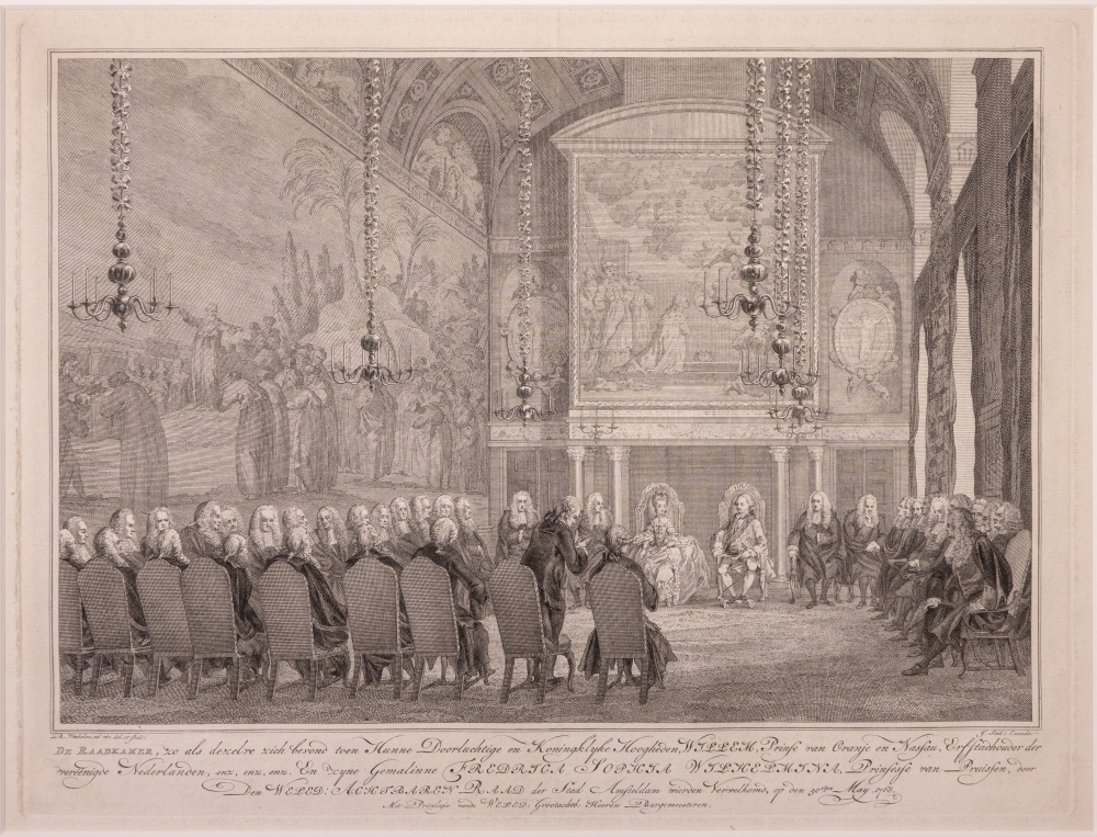 Inkomst en verblijf van Willem V en Wilhelmina in Amsterdam met de vreugdebedrijven en plechtigheden aldaar. "De Raadkamer, waar het echtpaar werd verwelkomd."