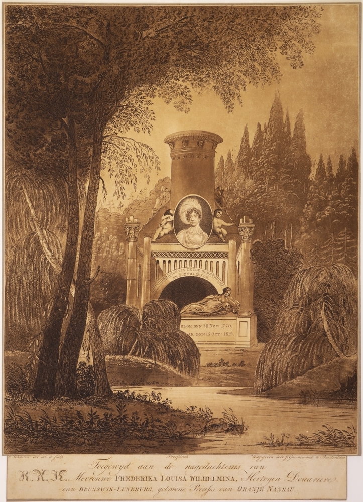 Zinneprent op de dood van Frederica Louisa Wilhelmina, Hertogin van Brunswijk-Luneberg, zuster van Koning Willem I.