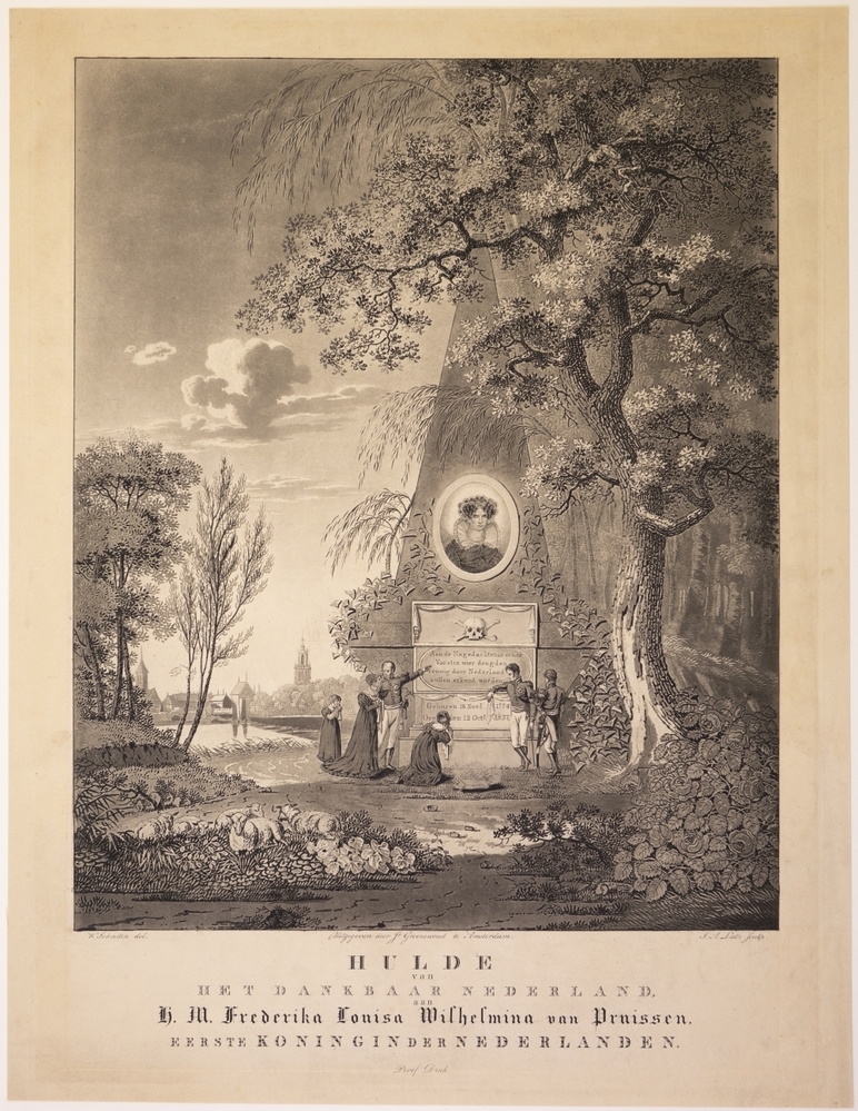Zinneprent op de dood van Willem I 's vrouw Frederica Louisa Wilhelmina van Pruisen.
