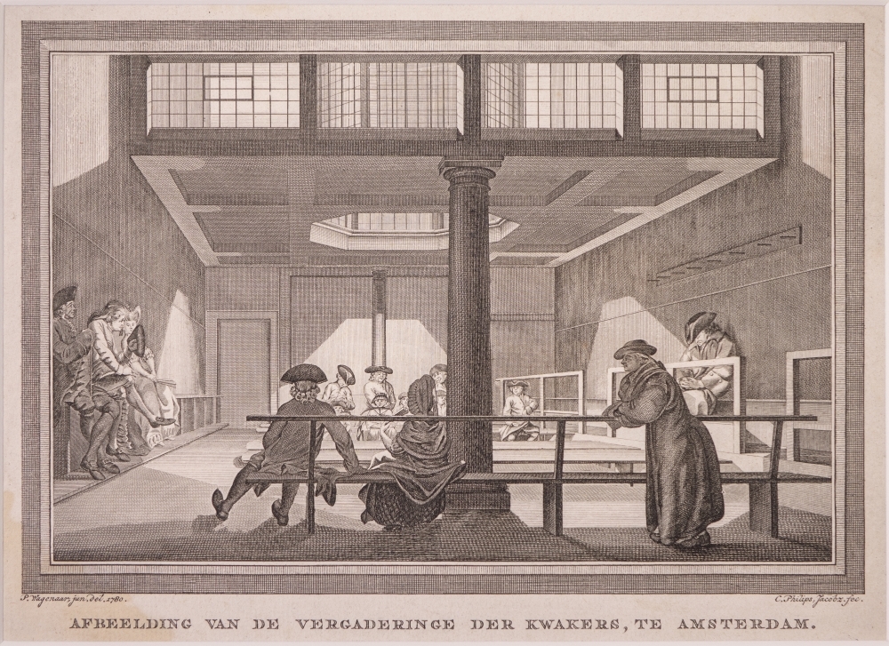 "AFBEELDING VAN DE VERGADERINGE DER KWAKERS, TE AMSTERDAM."