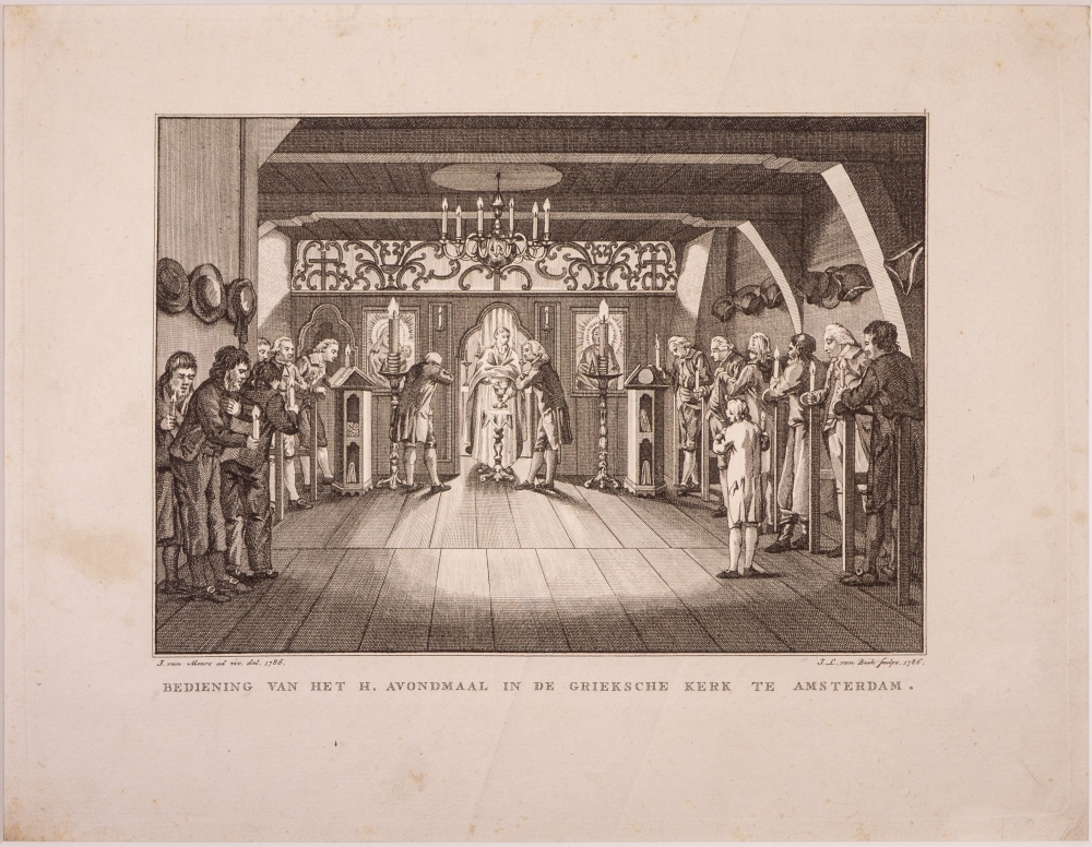 "BEDIENING VAN HET H. AVONDMAAL IN DE GRIEKSCHE KERK TE AMSTERDAM."