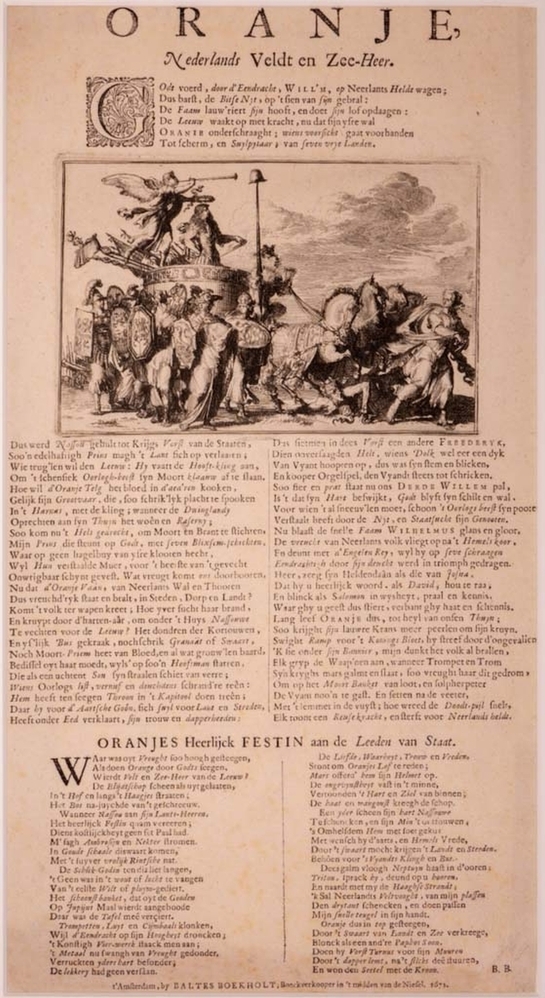 Zinneprent op de verkiezing van Willem III tot Kapitein Generaal en Admiraal, allegorie op krijgsverrichtingen van Willem III.