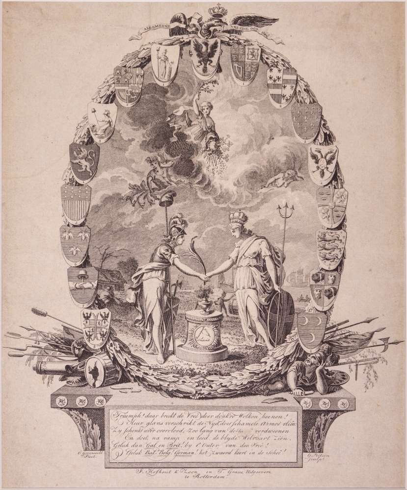 "ALGEMEENE VREEDE OCT. 1801" Zinneprent op de preliminaire vrede gesloten te Londen.