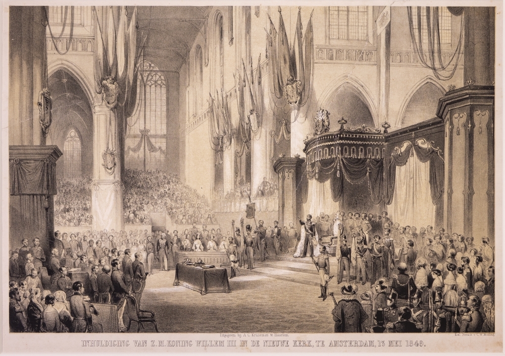 "INHULDIGING VAN Z.M. KONING WILLEM III IN DE NIEUWE KERK, TE AMSTERDAM, 13 (sic) MEI 1849."