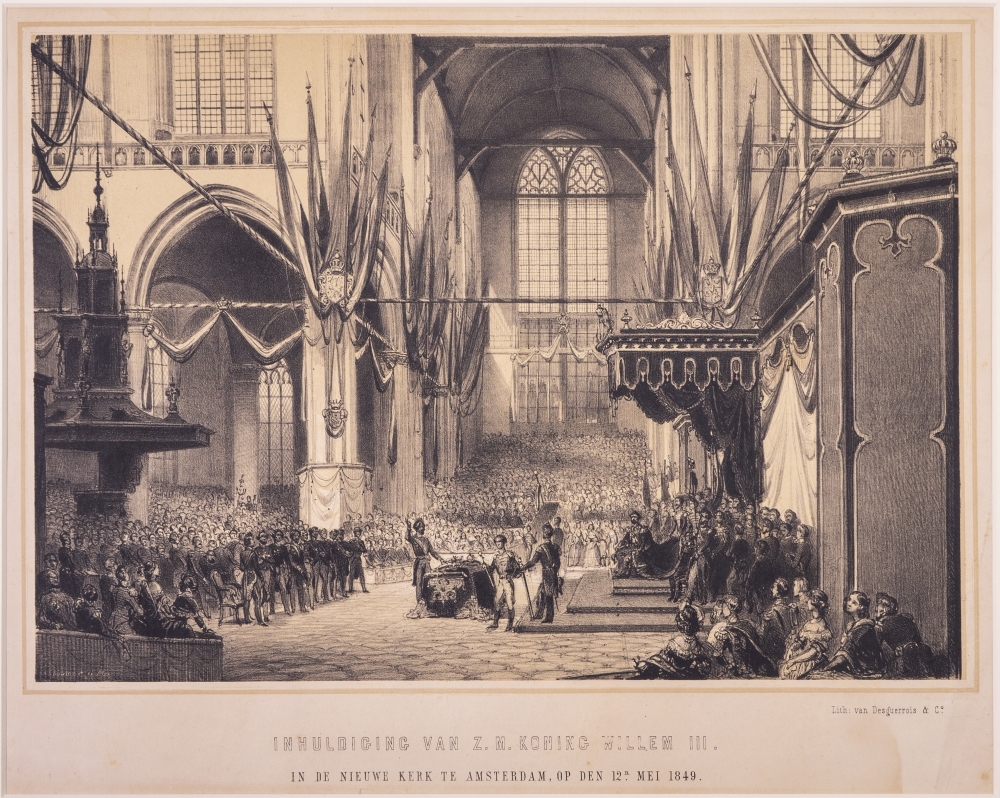 "INHULDIGING VAN Z.M. KONING WILLEM III. IN DE NIEUWE KERK TE AMSTERDAM, OP DEN 12n MEI 1849."