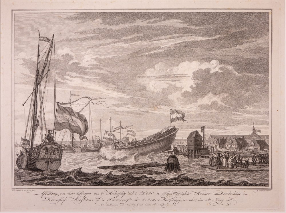 Inkomst en verblijf van Willem V en Wilhelmina te Amsterdam, met de vreugdebedrijven en plechtigheden aldaar. "Afloopen van een schip in het bijzijn van Prins en Prinses".