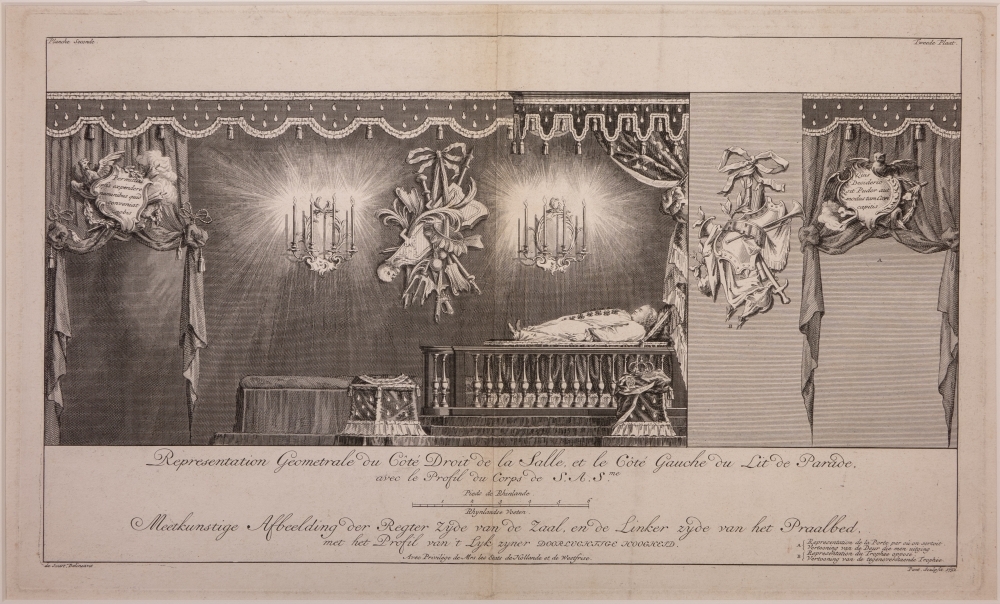 "Meetkustige Afbeelding der Regter zyde van de Zaal, en de Linker zyde van het Praalbed, met het profil van 't Lyk zyner DOORLUCHTIGE HOOGHEID."