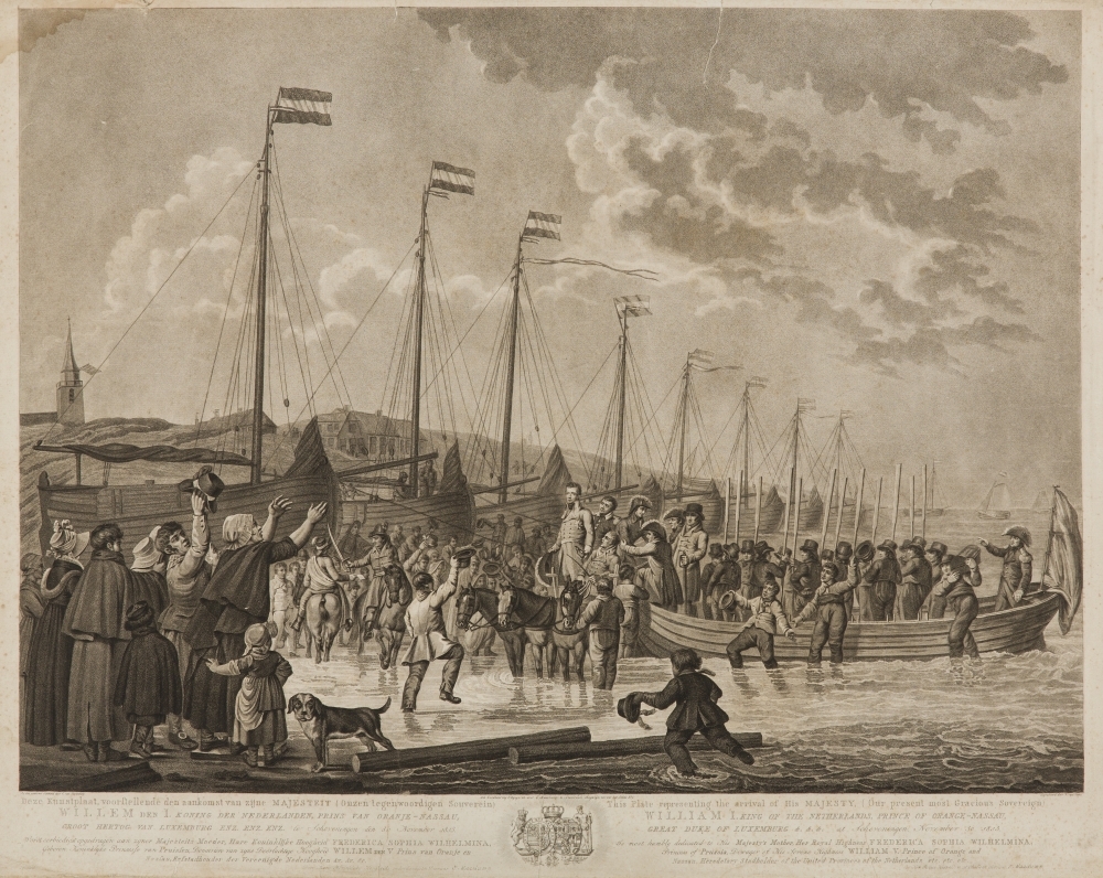 De aankomst van de souvereine vorst Willem I te Scheveningen.