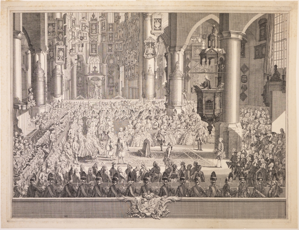 Afbeelding van de Trouw-Statie van Carel Christiaan van Nassau Weilburg en Carolina van Oranje Nassau in de grote Kerk in Den Haag.