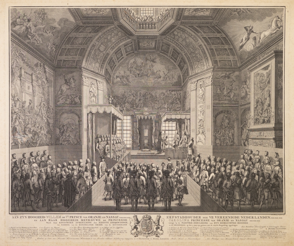 Afbeelding der inhuldiging van Willem V tot Ridder van de Kouseband, in de Oranjezaal op 5 juni 1752.