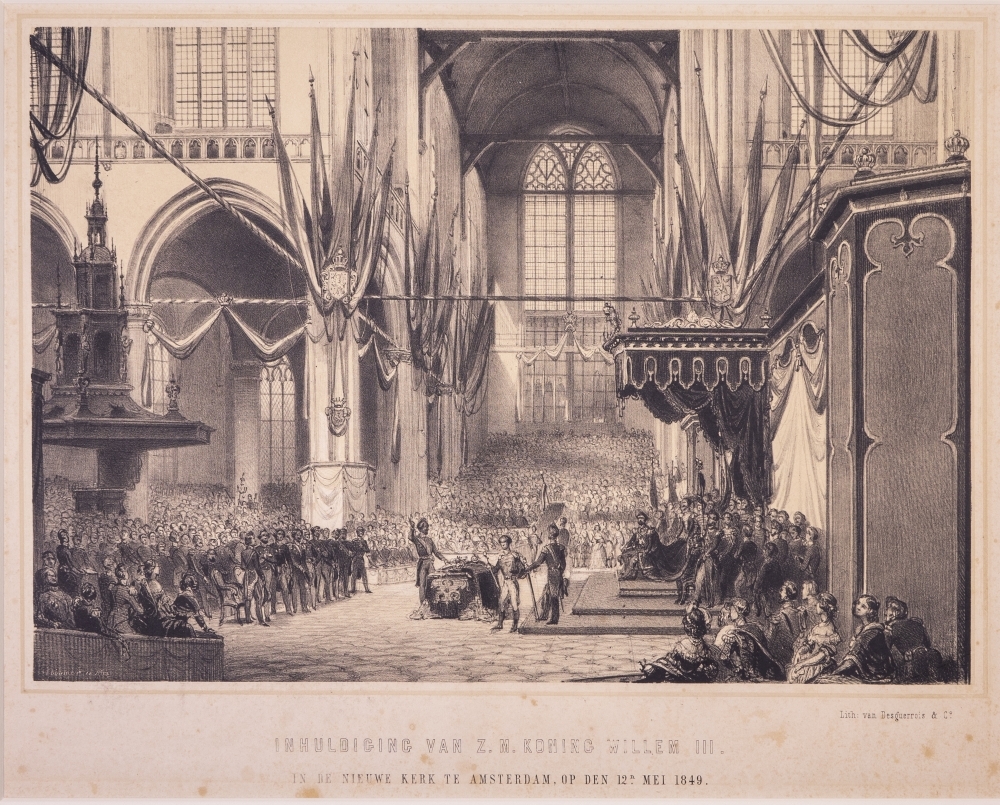 "INHULDIGING VAN Z.M. KONING WILLEM III. IN DE NIEUWE KERK TE AMSTERDAM, OP DEN 12n MEI 1849."