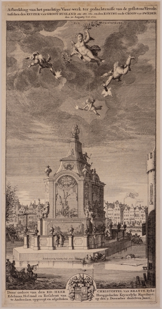 "Afbeelding van het prachtige Vuurwerk ter gedachtenisse van de geslotende Vreede tusschen den KEYZER VAN GROOT-RUSLAND etc. ect. ect. en den KONING en de CROON VAN SWEDEN den 30 Augustij O.S. 1721."