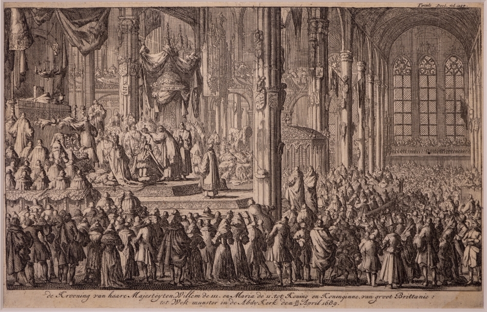 Kroningsplechtigheid van Willem III en Mary II tot koning en koningin van Engeland.
