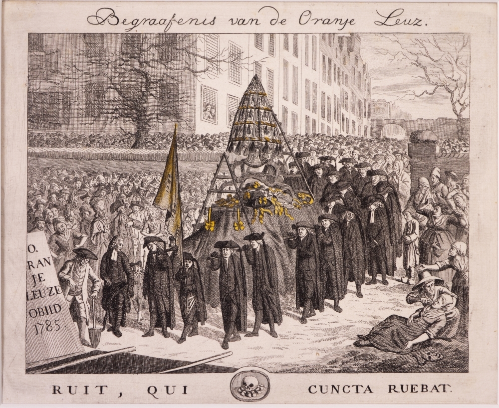 "Begraafenis van Oranje Leuz." Spotprent tegen Willem V. bij de strenge publicatie der Staten van Holland tegen oproerige bewegingen en het dragen van Oranje en andere leuzen.