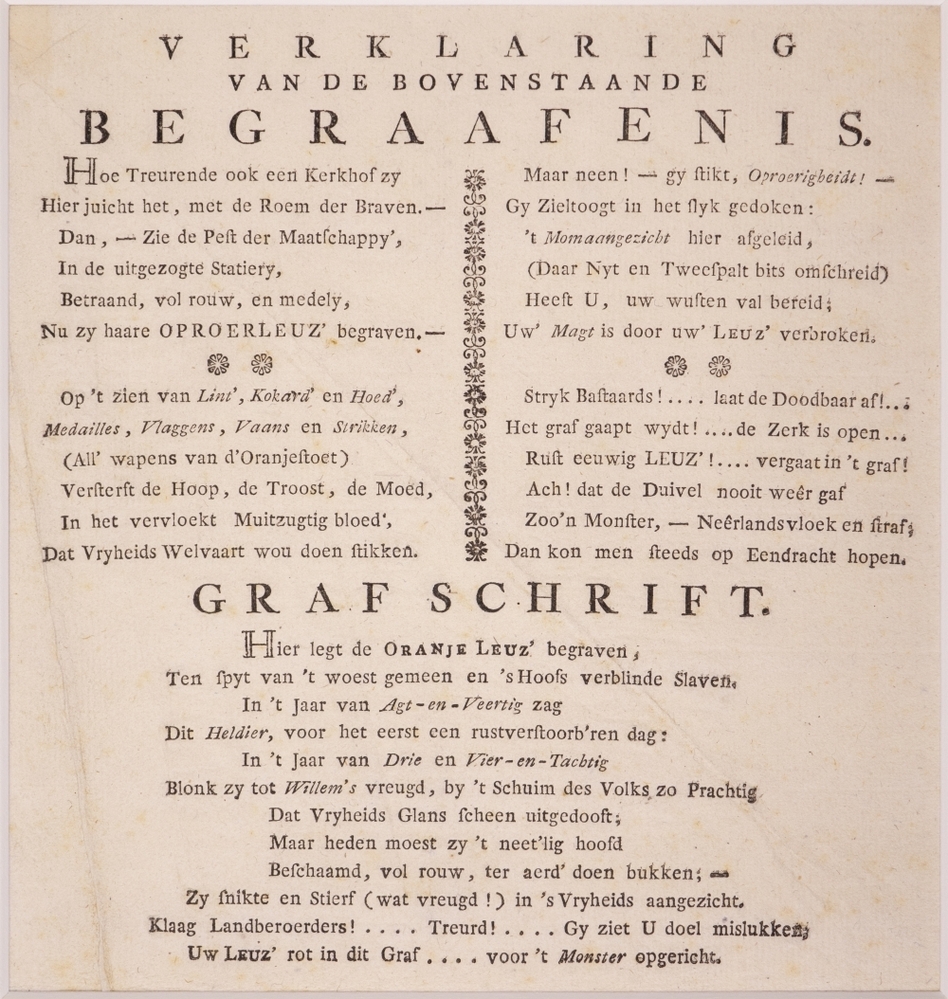 "Begraafenis van Oranje Leuz." Spotprent tegen Willem V. bij de strenge publicatie der Staten van Holland tegen oproerige bewegingen en het dragen van Oranje en andere leuzen.