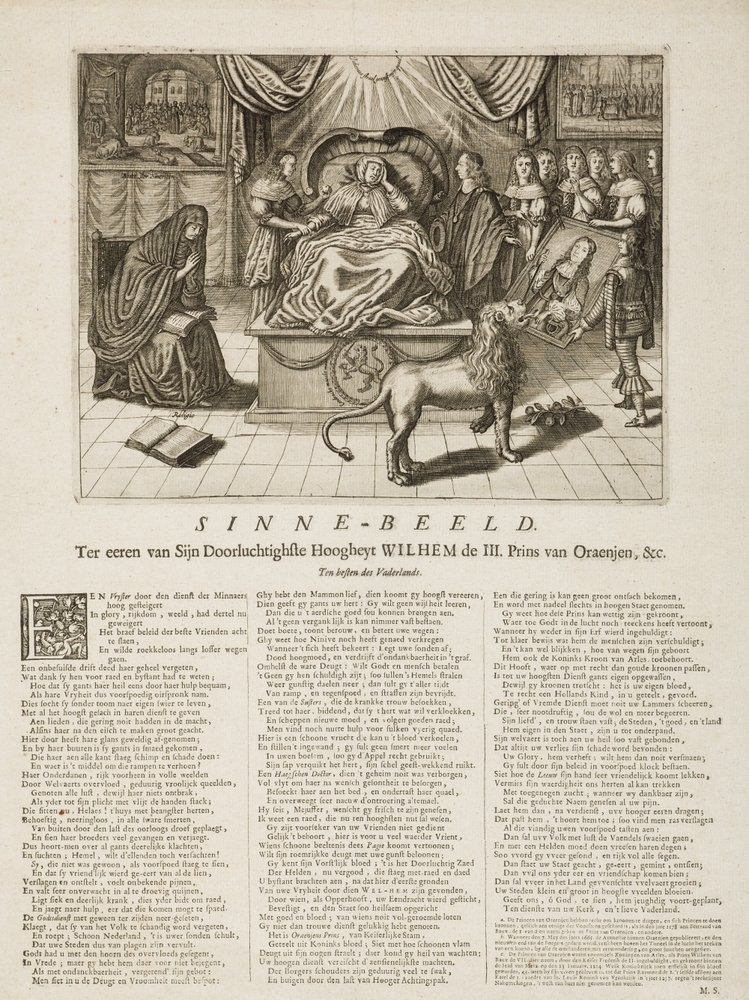 Zinneprent op de verheffing v.d. Prins Willem III tot Kapitein Generaal of tot Stadhouder. "Sinne-beeld Ter eeren van Sijn Doorluchtighste Hoogheyt WILHELM de III. Prins van Oraenjen, &c."
