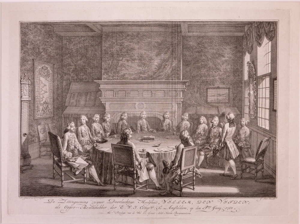 Inkomst en verblijf van Willem V en Wilhelmina in Amsterdam met de vreugdebedrijven en plechtigheden aldaar. "Zittingneming van Willem V in de W.I. Comp."