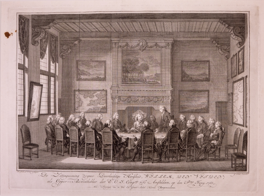 Inkomst en verblijf van Willem V en Wilhelmina te Amsterdam met de vreugdebedrijven en plechtigheden aldaar. "Zittingneming van Willem V in de O.I.Comp."