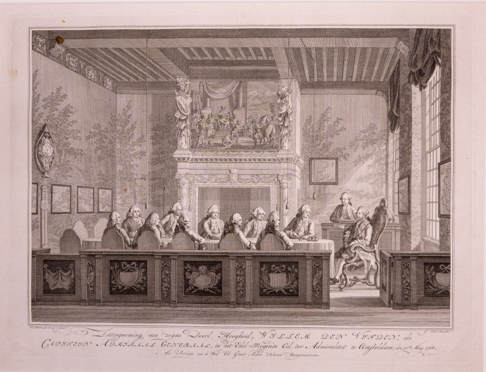 Inkomst en verblijf van Willem V en Wilhelmina in Amsterdam met de vreugdebedrijven en plechtigheden aldaar. "Zittingneming van Willem V ter Admiraliteit."