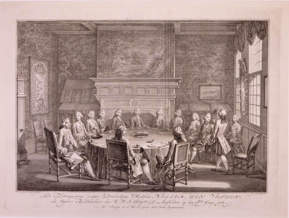 Inkomst en verblijf van Willem V en Wilhelmina in Amsterdam met de vreugdebedrijven en plechtigheden aldaar. "Zittingneming van Willem V in de W.I. Comp."