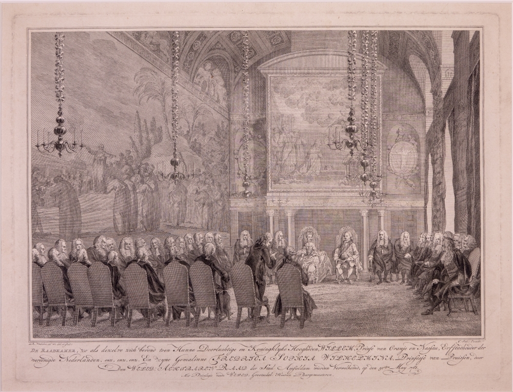 Inkomst en verblijf van Willem V en Wilhelmina in Amsterdam met de vreugdebedrijven en plechtigheden aldaar. "De Raadkamer, waar het echtpaar werd verwelkomd."