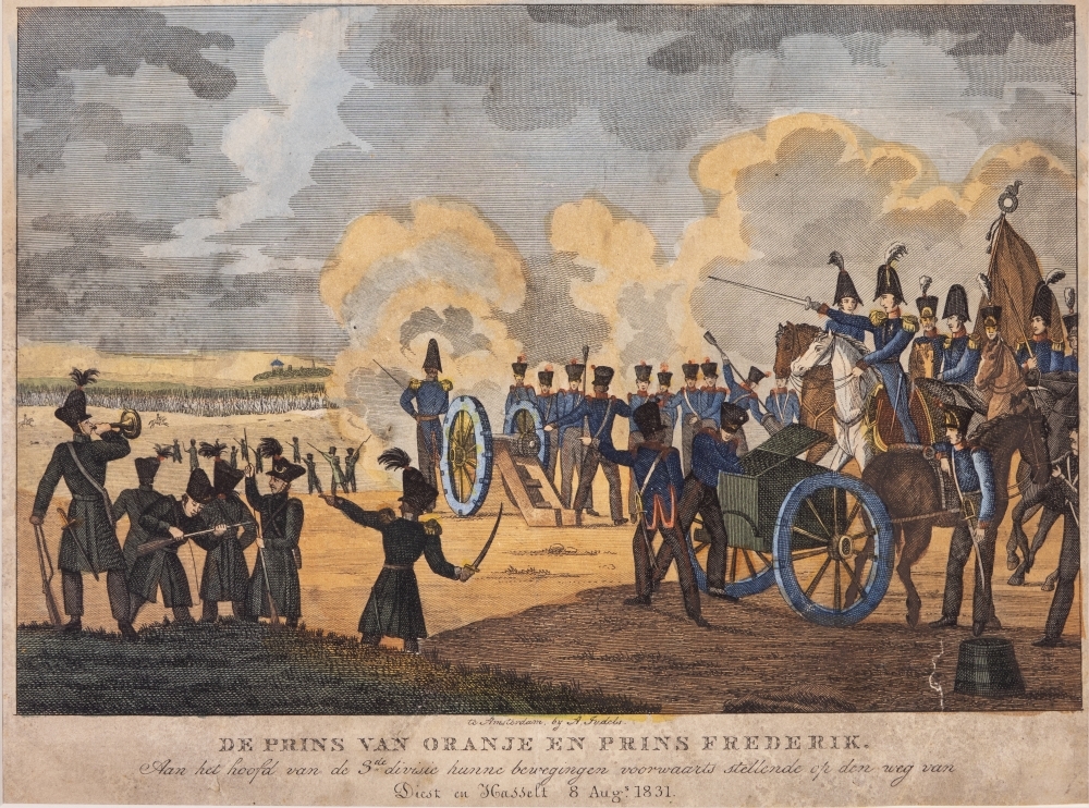"DE PRINS VAN ORANJE EN PRINS FREDERIK. Aan het hoofd van de 3de divisie hunne beweging voorwaarts stellende op den weg van Diest en Hasselt 8 Aug.s 1831."