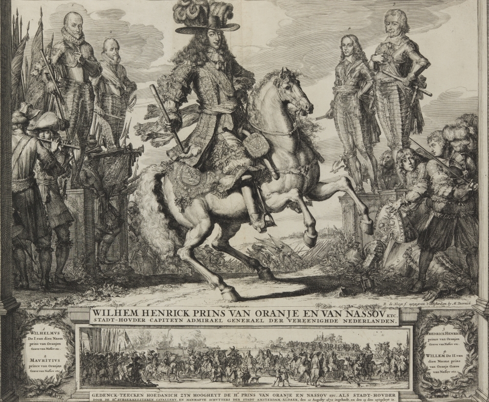 "WILHELM HENRICK PRINS VAN ORANJE EN VAN NASSOV ETC. STADT-HOVDER CAPITEYN ADMIRAEL GENEREAL DER VEREENIGDE NEDERLANDEN." Ontvangst te Amsterdam.