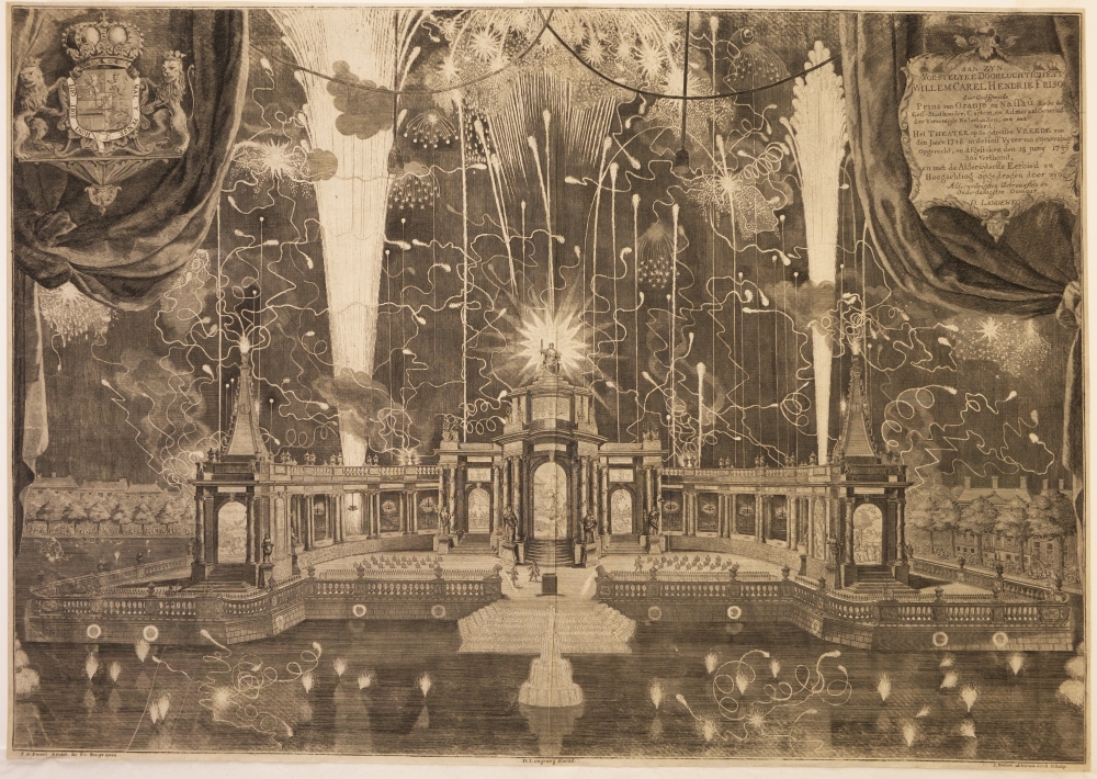 Groot vuurwerk en theater opgericht en aangestoken voor de Vrede van Aken.