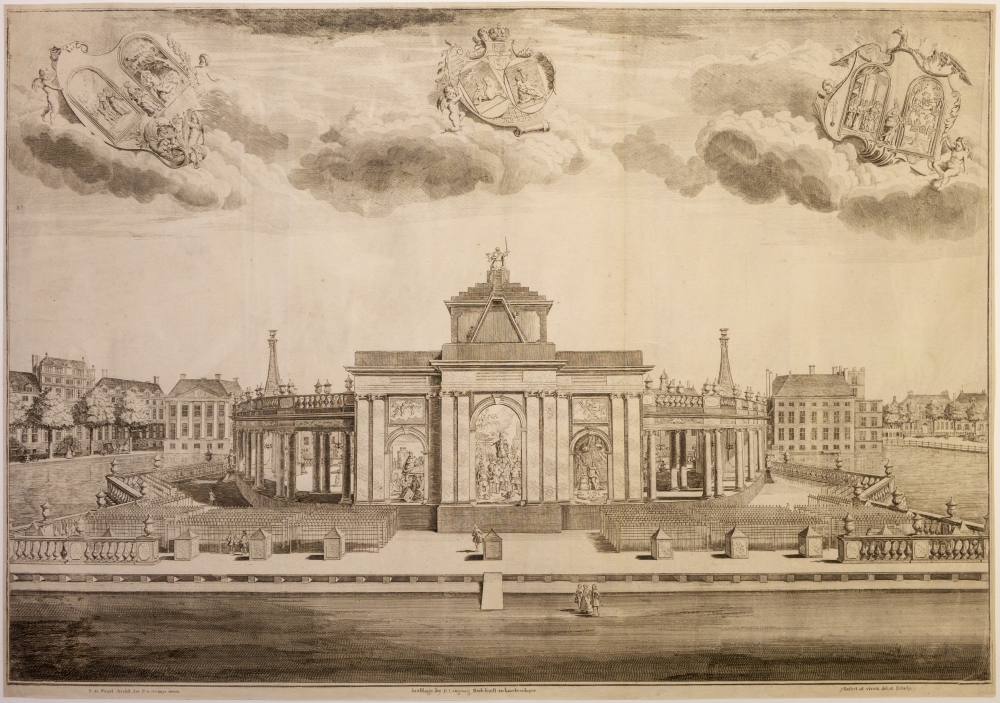 Groot theater en vuurwerk opgericht en geïllumineerd voor de Vrede van Aken.