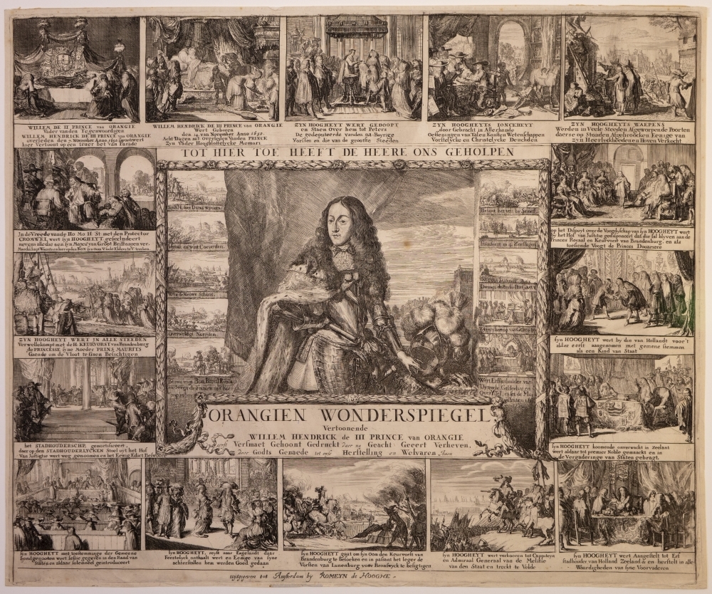 "ORANGIEN WONDERSPIEGEL Vertoonende Willem Hendrick de III prince van Orangie versmaet, gehoont gedruckt daerna Geacht Geeert Verheven, door Gods Genaede tot onze Herstelling en Welvaren Amen."