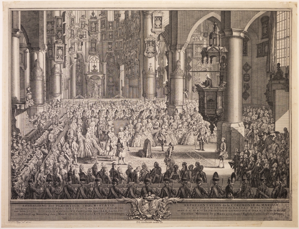 Afbeelding van de Trouw-Statie van Carel Christiaan van Nassau Weilburg en Carolina van Oranje Nassau in de grote Kerk in Den Haag.