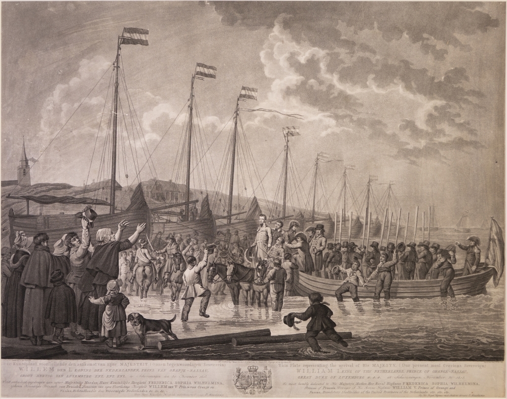 De aankomst van de souvereine vorst Willem I te Scheveningen.