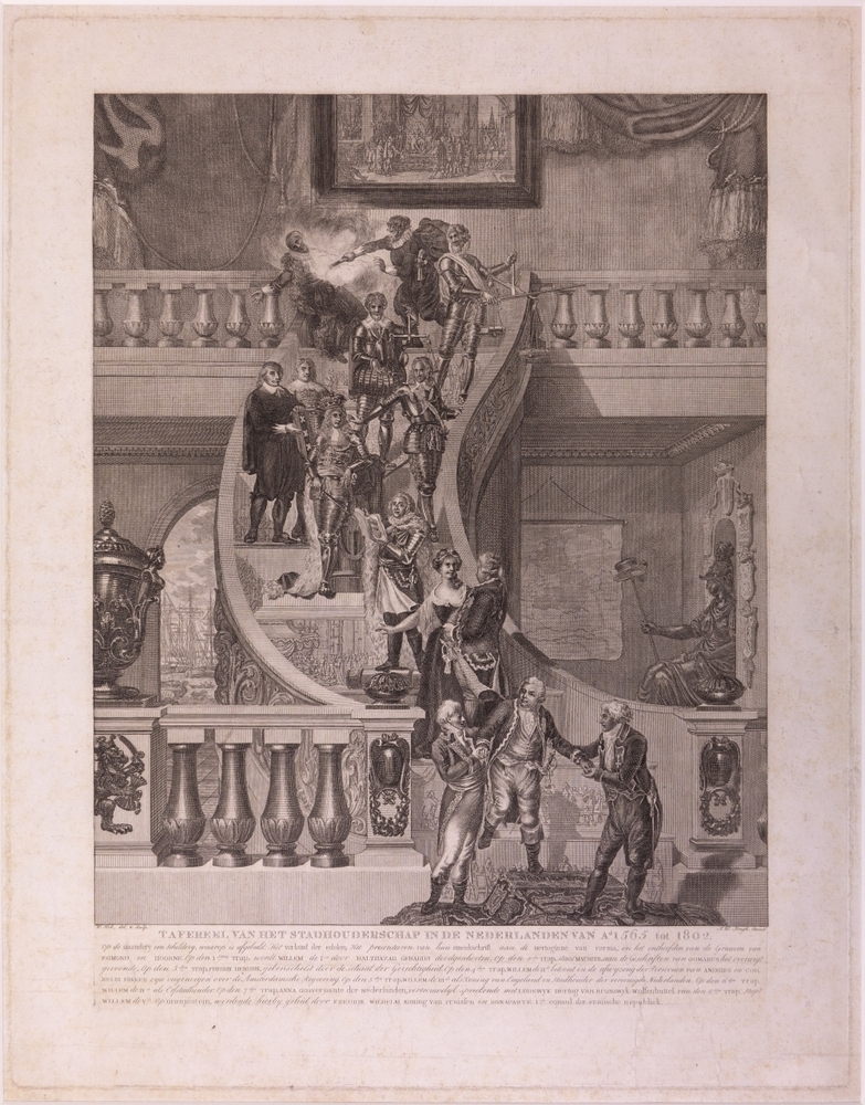 "TAFEREEL VAN HET STADHOUDERSCHAP IN DE NEDERLANDEN VAN Ao 1565 tot 1802." Zinneprent op het verdrag tussen Willem V en de Franse Republiek.