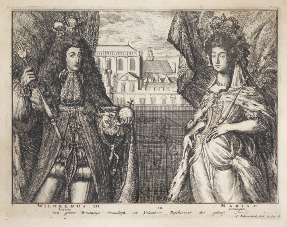 Engelands schouwtoneel verbeeldende de Glorieuze overtocht met het kronen van Willem III en Mary II tot koning en koningin van Groot Brittanie Frankrijk en Ierland etc. 2e deel.
