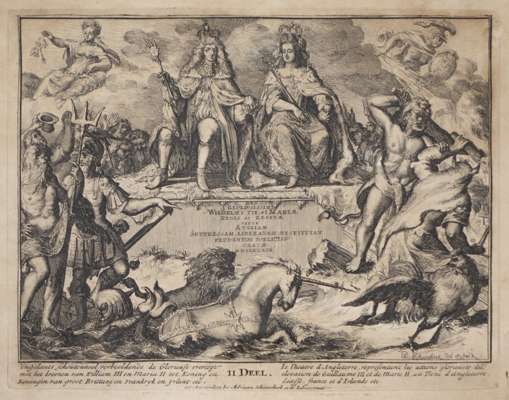 Engelands schouwtoneel verbeeldende de Glorieuze overtocht met het kronen van Willem III en Mary II tot koning en koningin van Groot Brittanie Frankrijk en Ierland etc. 2e deel.