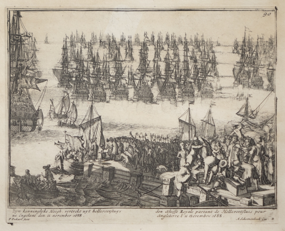 Engelands schouwtoneel verbeeldende de Glorieuze overtocht met het kronen van Willem III en Mary II tot koning en koningin van Groot Brittanie Frankrijk en Ierland etc. 2e deel.