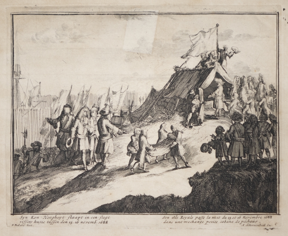 Engelands schouwtoneel verbeeldende de Glorieuze overtocht met het kronen van Willem III en Mary II tot koning en koningin van Groot Brittanie Frankrijk en Ierland etc. 2e deel.