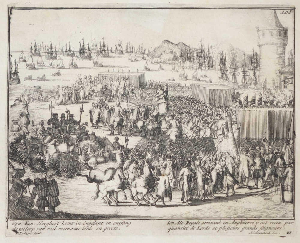 Engelands schouwtoneel verbeeldende de Glorieuze overtocht met het kronen van Willem III en Mary II tot koning en koningin van Groot Brittanie Frankrijk en Ierland etc. 2e deel.