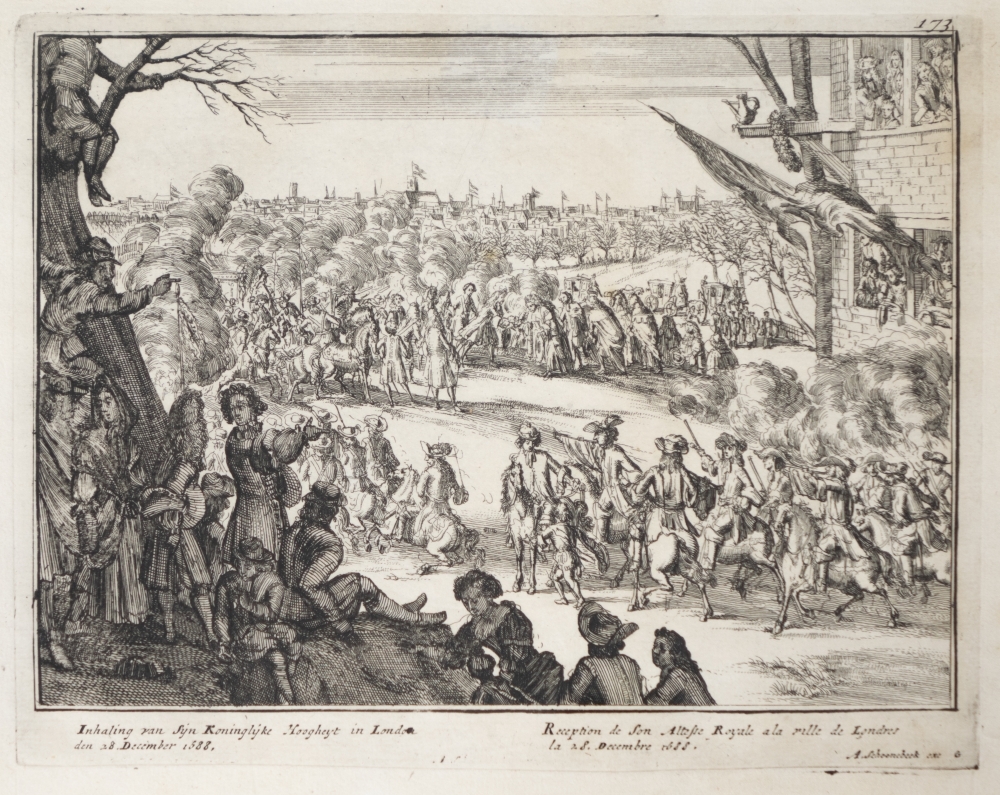 Engelands schouwtoneel verbeeldende de Glorieuze overtocht met het kronen van Willem III en Mary II tot koning en koningin van Groot Brittanie Frankrijk en Ierland etc. 2e deel.