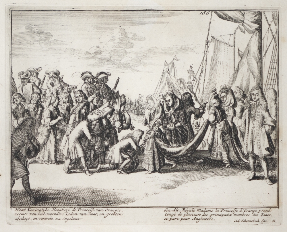 Engelands schouwtoneel verbeeldende de Glorieuze overtocht met het kronen van Willem III en Mary II tot koning en koningin van Groot Brittanie Frankrijk en Ierland etc. 2e deel.