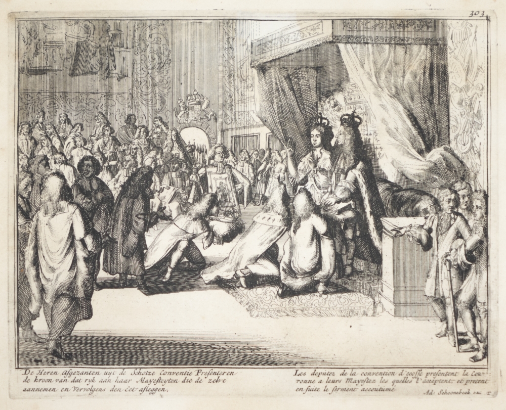 Engelands schouwtoneel verbeeldende de Glorieuze overtocht met het kronen van Willem III en Mary II tot koning en koningin van Groot Brittanie Frankrijk en Ierland etc. 2e deel.