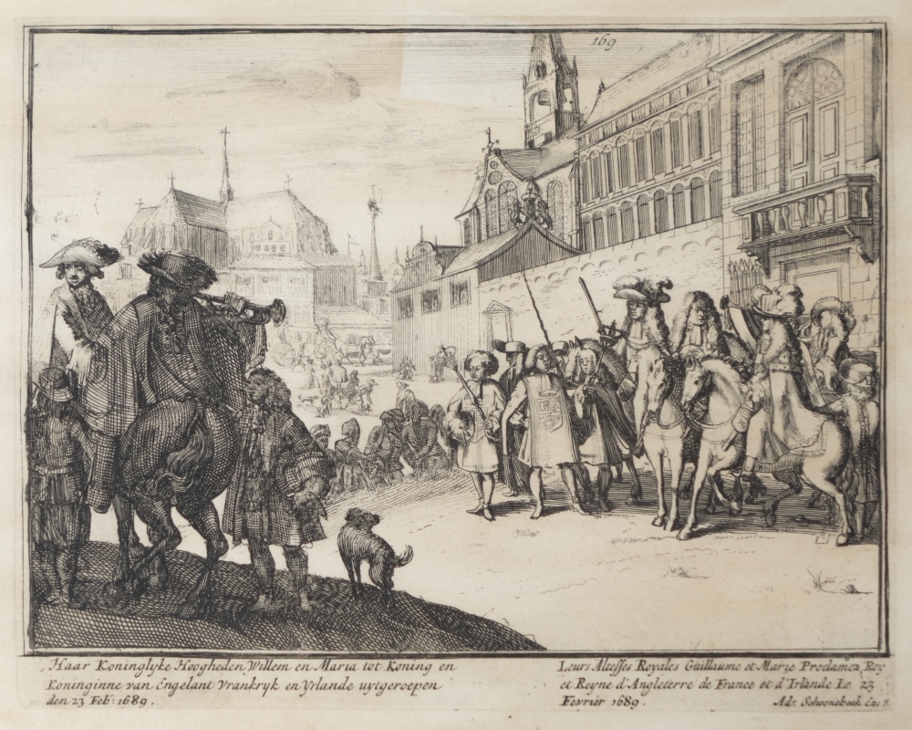 Engelands schouwtoneel verbeeldende de Glorieuze overtocht met het kronen van Willem III en Mary II tot koning en koningin van Groot Brittanie Frankrijk en Ierland etc. 2e deel.