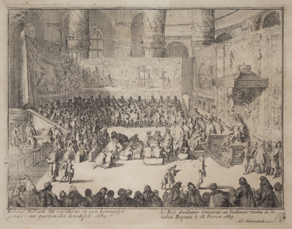 Engelands schouwtoneel verbeeldende de Glorieuze overtocht met het kronen van Willem III en Mary II tot koning en koningin van Groot Brittanie Frankrijk en Ierland etc. 2e deel.