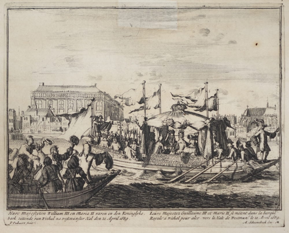 Engelands schouwtoneel verbeeldende de Glorieuze overtocht met het kronen van Willem III en Mary II tot koning en koningin van Groot Brittanie Frankrijk en Ierland etc. 2e deel.